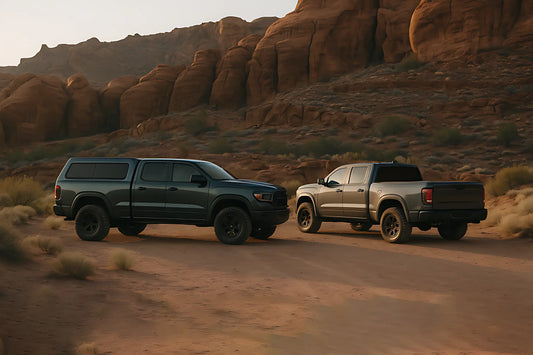 A dramatic split image showing half a truck with a truck cap and half with a tonneau cover in a Canadian setting.