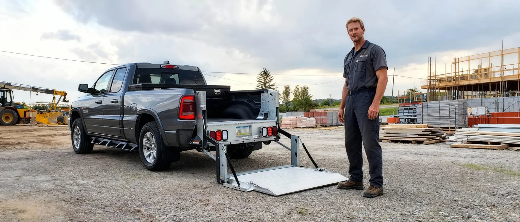 Truck liftgate lowering a heavy pallet from a box truck during a delivery