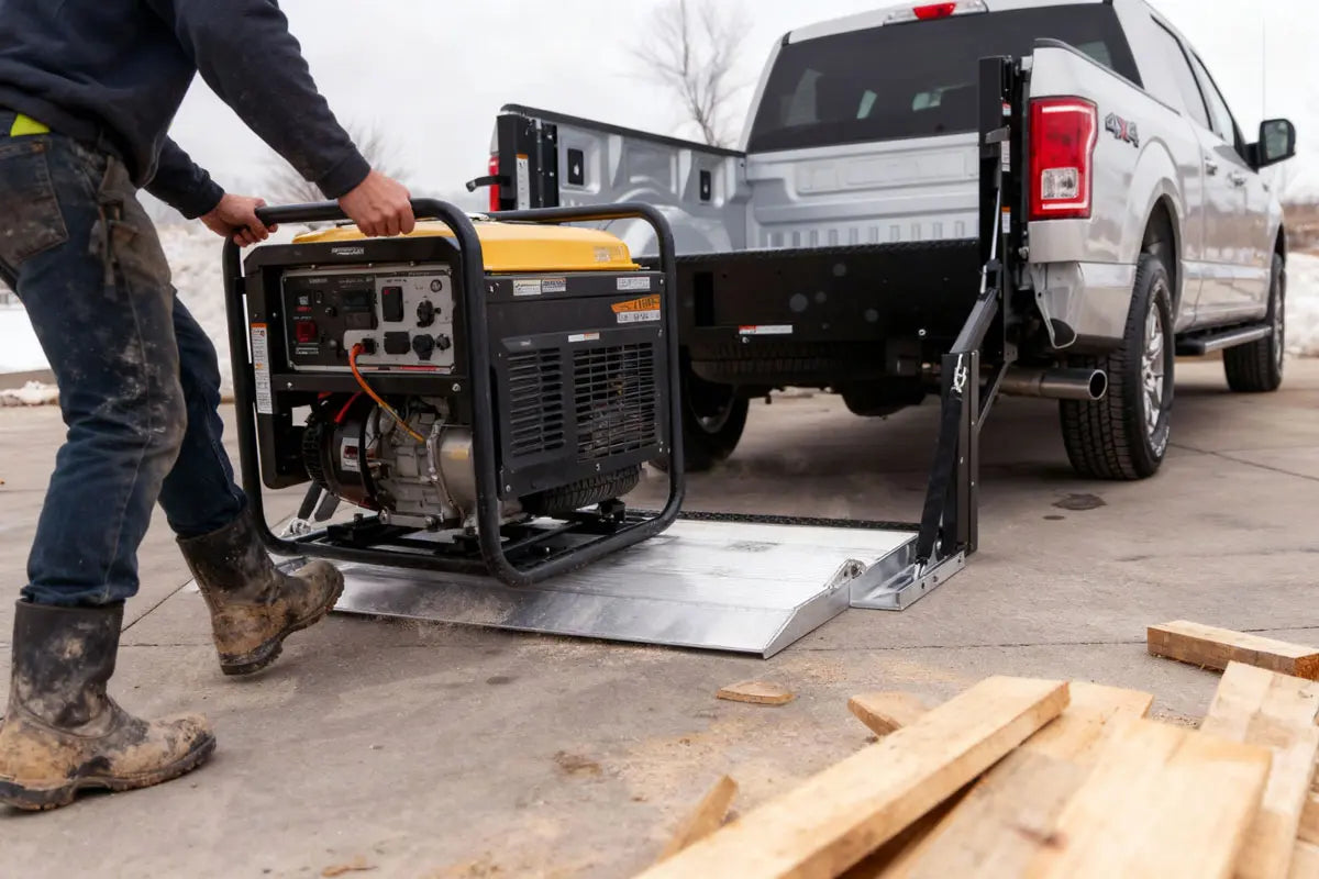 Mobile service technician loading batteries and tools into a pickup truck using an aluminum hydraulic liftgate